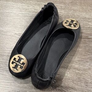 Tory Burch Black Flats with Gold Emblem
